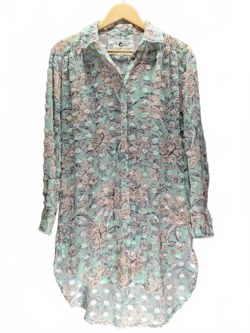 Cupio Floral Print Long Sleeve Sheer Shirt Dress Mint Green